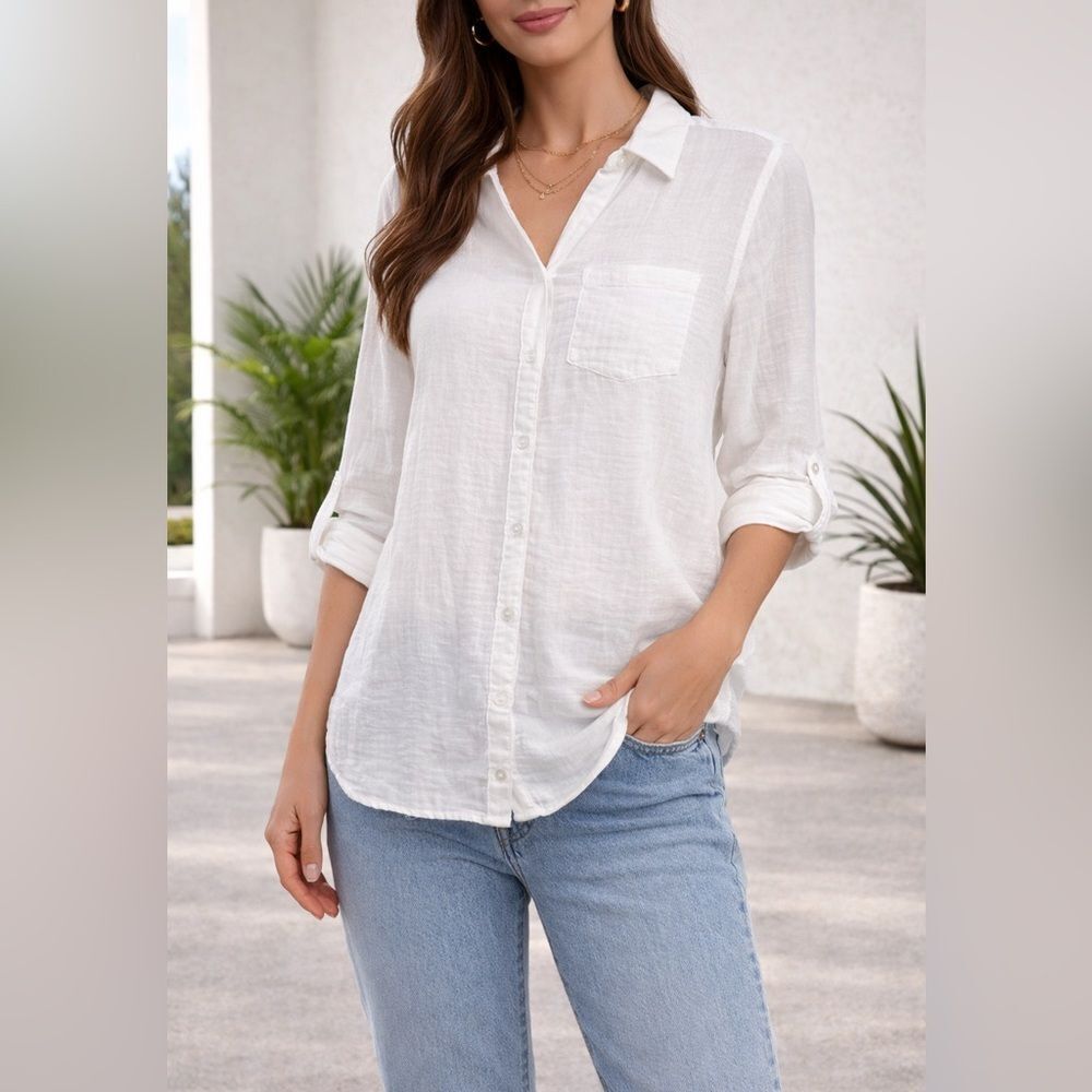 JAG White Gauze Button Front Shirt Women’s Size MP Roll Tab Sleeves